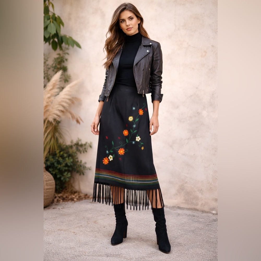 Kelly & Diane 100% Silk Black Floral Embroidered Fringe Hem Midi Skirt Boho Y2K